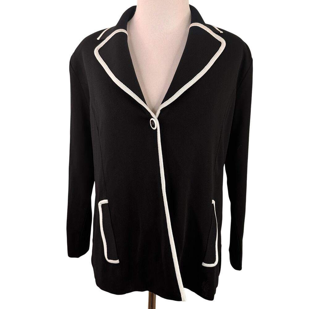 Misook Black & White Trim Acrylic One Button Cardigan Size Small Petite